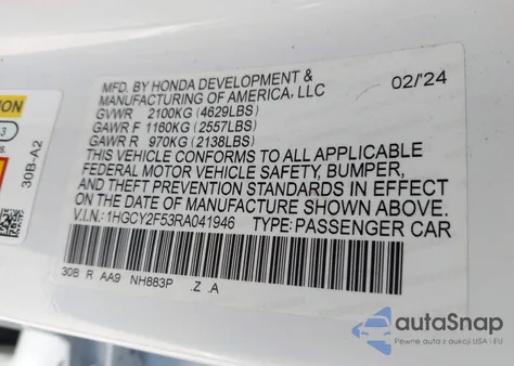 2024 Honda Accord Hybrid Sport z USA, uszkodzony, nr VIN 1HGCY2F53RA041946